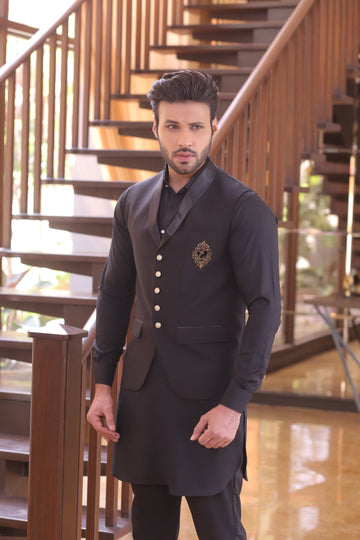Black Color Golden Monogram Embroidery Kurta Pajama For Men